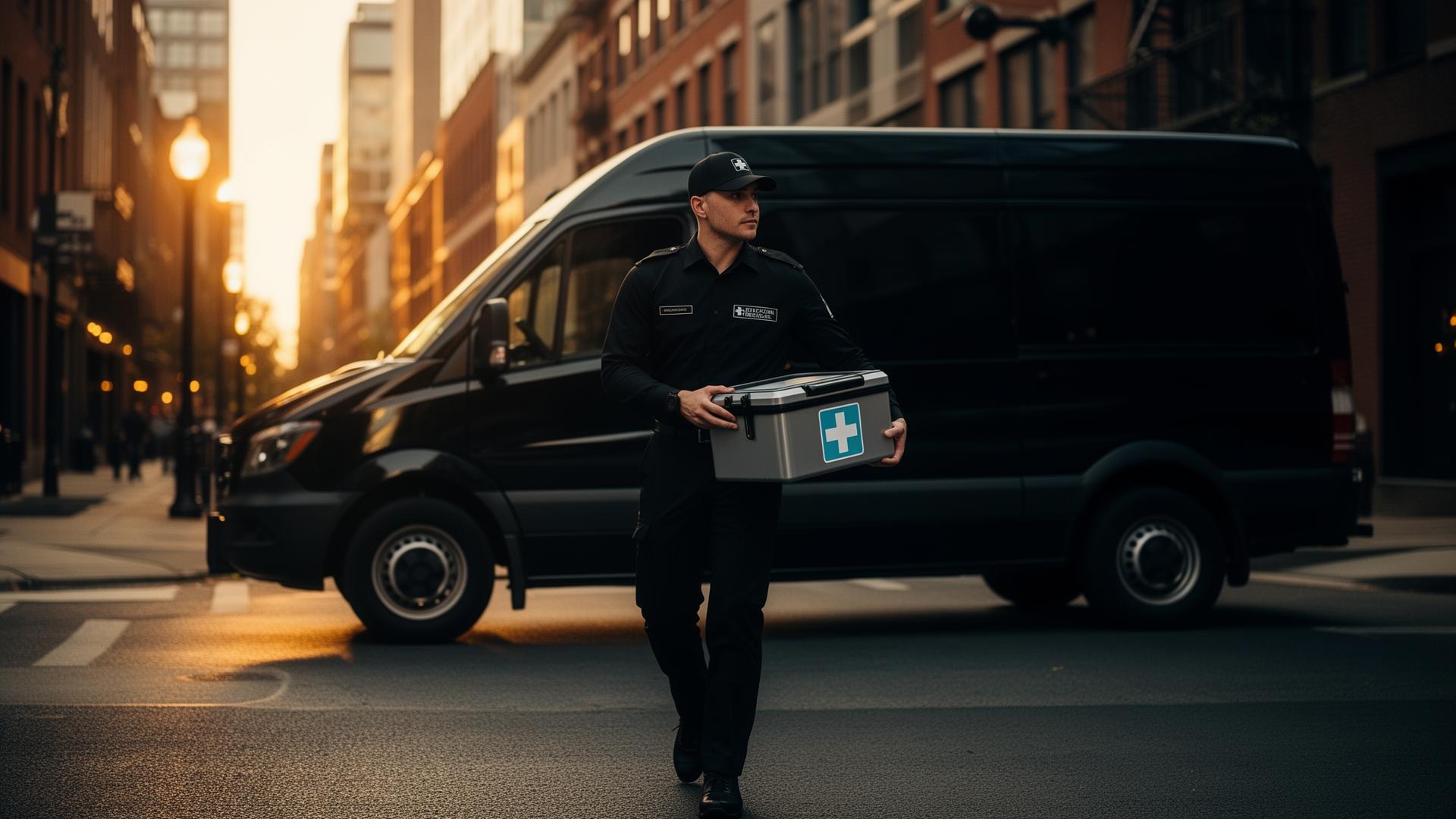 HIPAA-aware medical courier driver delivering a STAT lab specimen package in Baltimore, Maryland